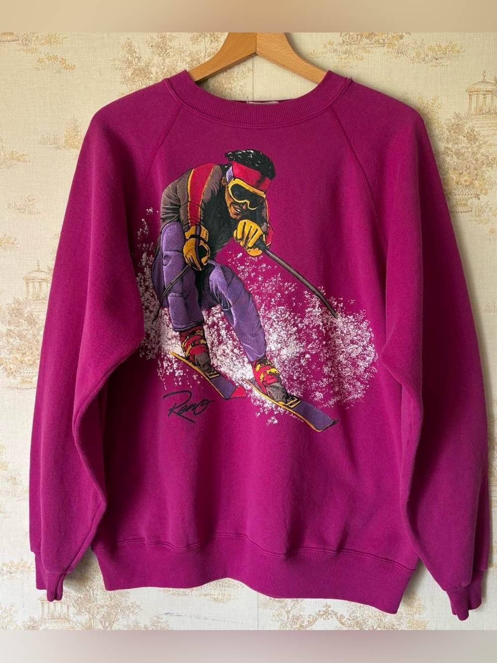 Vintage 90s Retro Magenta Pink Reno Nevada Ski Sweatshirt Size XL